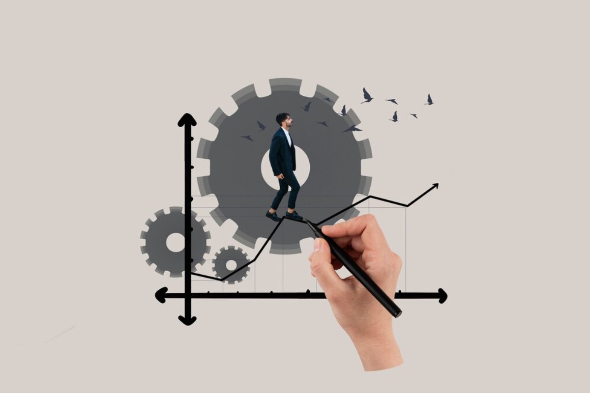 A man in a suit walking along a drawn graph path with mechanical gears and flying birds, representing progress and innovation.
