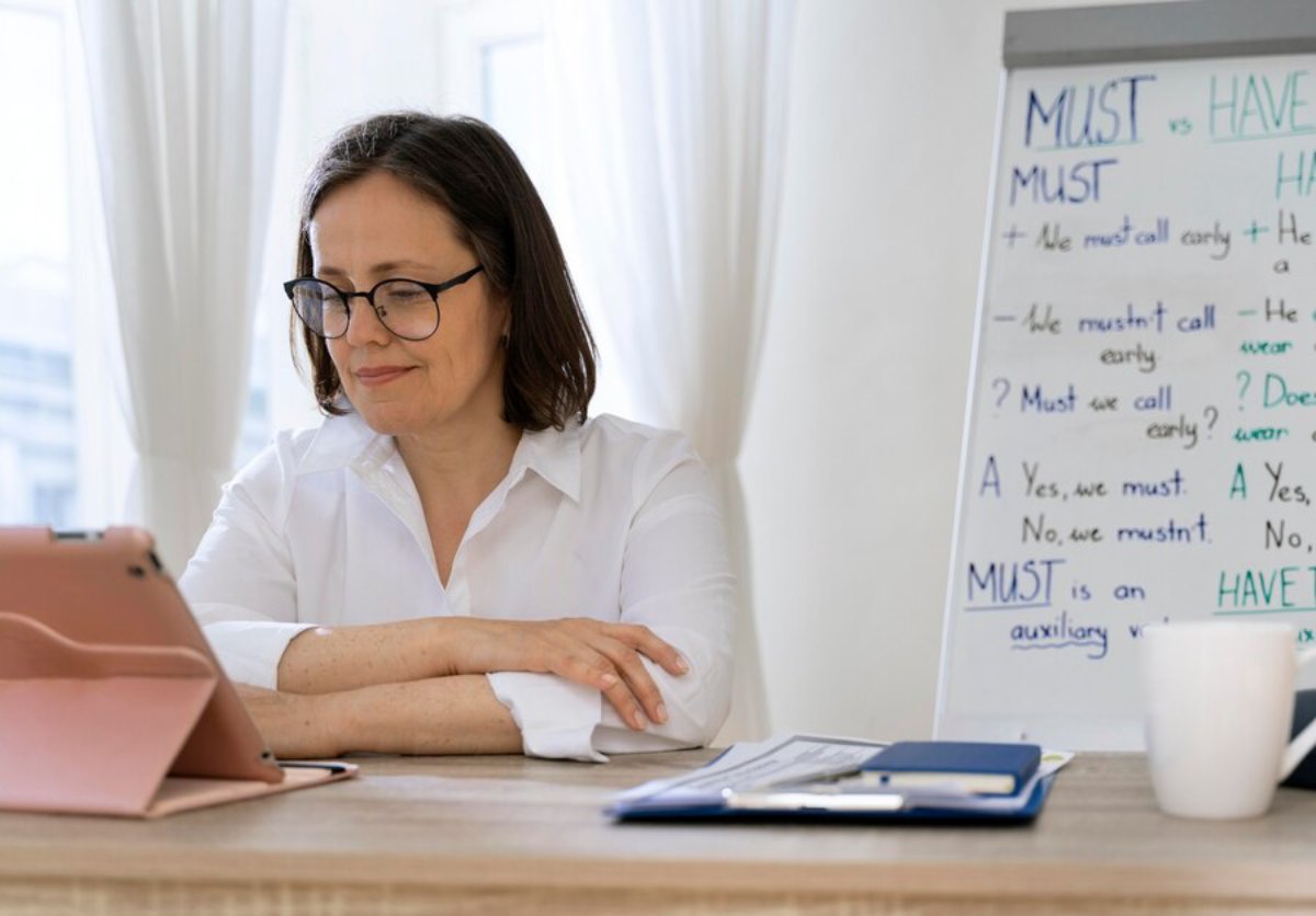 A woman in glasses reviews a tablet, sitting at a desk with grammar notes in the background.